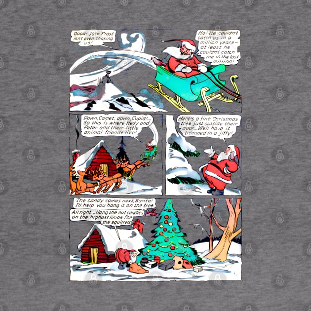 Santa Claus arrives in his sleigh with his reindeer friends to leave the gifts under the snow-filled Christmas tree Retro Vintage Comic Book by REVISTANGO